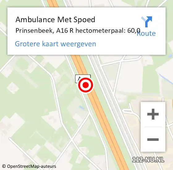 Locatie op kaart van de 112 melding: Ambulance Met Spoed Naar Prinsenbeek, A16 R hectometerpaal: 60,0 op 4 april 2018 19:20
