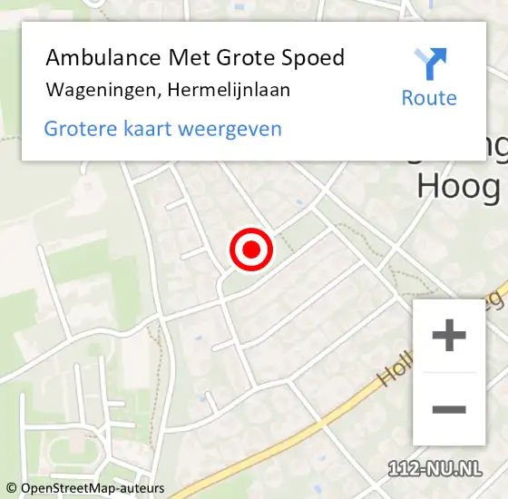 Locatie op kaart van de 112 melding: Ambulance Met Grote Spoed Naar Wageningen, Hermelijnlaan op 6 april 2018 04:38