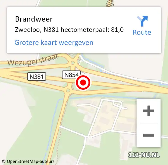 Locatie op kaart van de 112 melding: Brandweer Zweeloo, N381 hectometerpaal: 81,0 op 6 april 2018 05:18