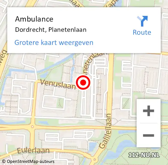 Locatie op kaart van de 112 melding: Ambulance Dordrecht, Planetenlaan op 6 april 2018 10:18
