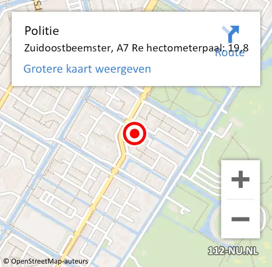 Locatie op kaart van de 112 melding: Politie Zuidoostbeemster, A7 Re hectometerpaal: 19,8 op 6 april 2018 15:46