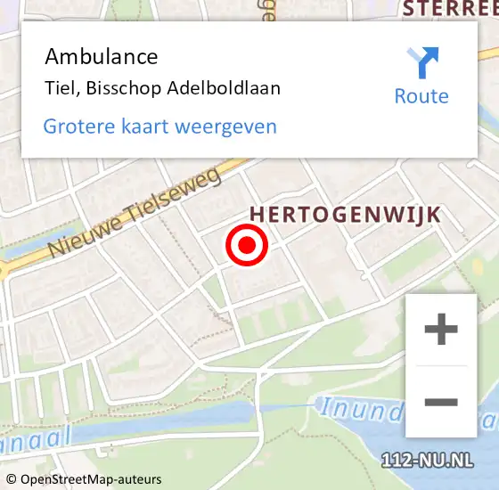 Locatie op kaart van de 112 melding: Ambulance Tiel, Bisschop Adelboldlaan op 7 april 2018 23:12