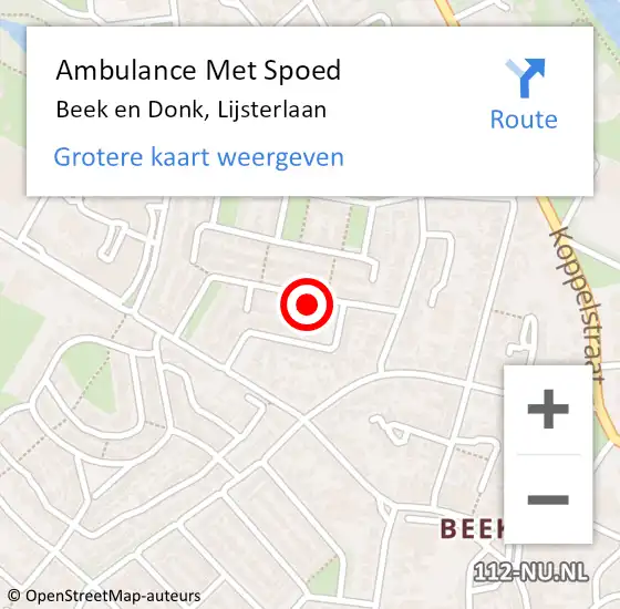 Locatie op kaart van de 112 melding: Ambulance Met Spoed Naar Beek en Donk, Lijsterlaan op 8 april 2018 13:12