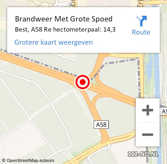 Locatie op kaart van de 112 melding: Brandweer Met Grote Spoed Naar Best, A58 R hectometerpaal: 26,0 op 9 april 2018 05:00