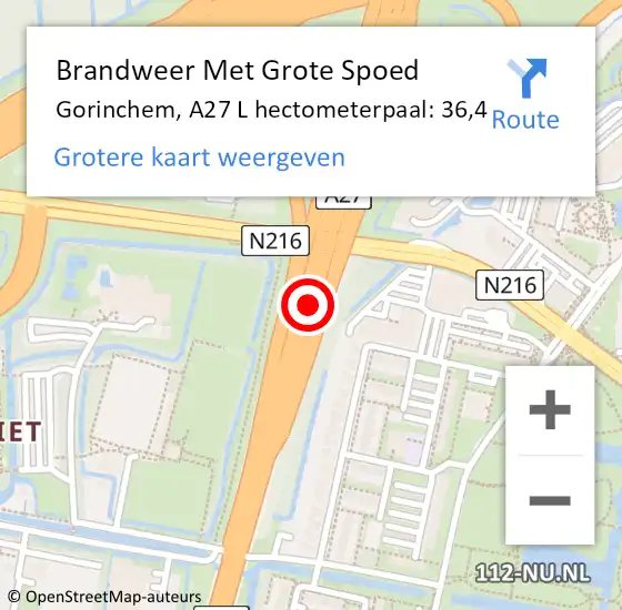 Locatie op kaart van de 112 melding: Brandweer Met Grote Spoed Naar Gorinchem, A27 L hectometerpaal: 37,9 op 9 april 2018 10:57