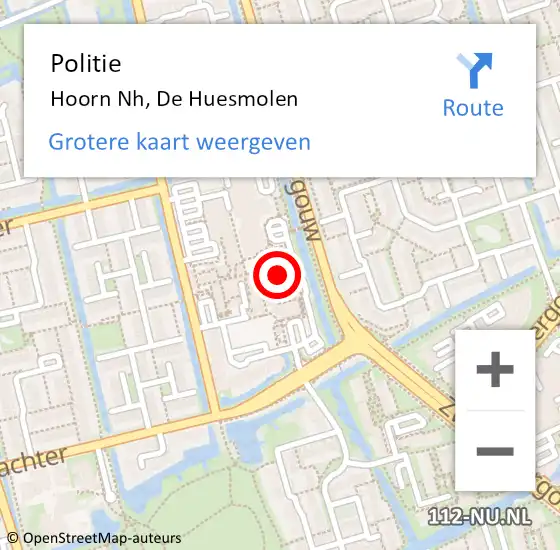 Locatie op kaart van de 112 melding: Politie Hoorn Nh, De Huesmolen op 9 april 2018 18:43