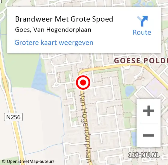Locatie op kaart van de 112 melding: Brandweer Met Grote Spoed Naar Goes, Van Hogendorplaan op 11 april 2018 08:51