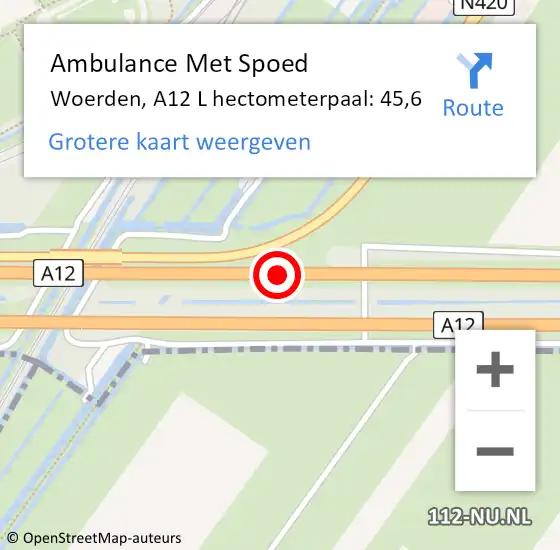 Locatie op kaart van de 112 melding: Ambulance Met Spoed Naar Woerden, A12 L hectometerpaal: 45,6 op 11 april 2018 16:16