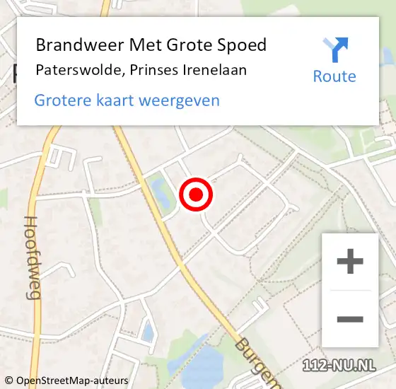 Locatie op kaart van de 112 melding: Brandweer Met Grote Spoed Naar Paterswolde, Prinses Irenelaan op 13 april 2018 14:58