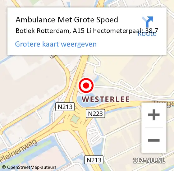 Locatie op kaart van de 112 melding: Ambulance Met Grote Spoed Naar Botlek Rotterdam, A15 Li hectometerpaal: 38,7 op 14 april 2018 18:51