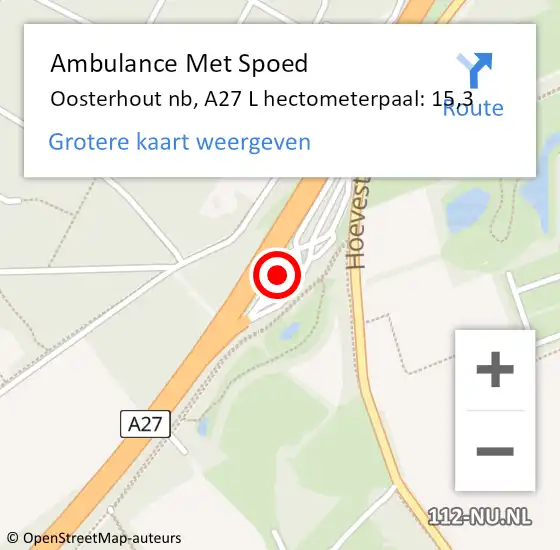 Locatie op kaart van de 112 melding: Ambulance Met Spoed Naar Oosterhout nb, A27 R hectometerpaal: 15,8 op 14 april 2018 18:52