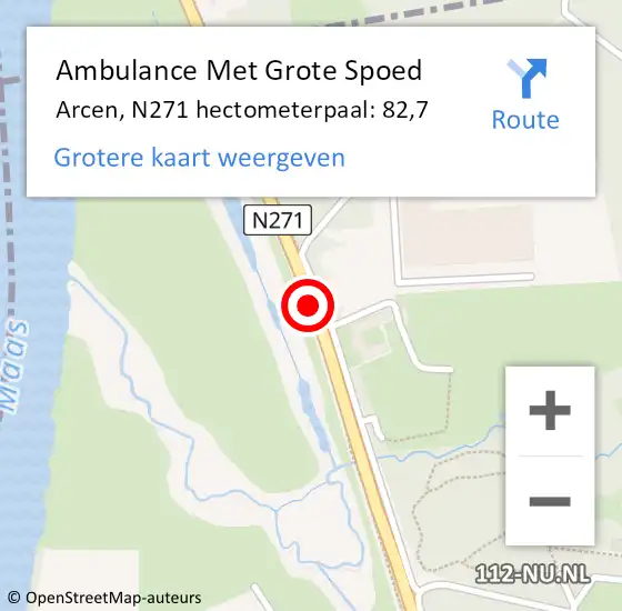 Locatie op kaart van de 112 melding: Ambulance Met Grote Spoed Naar Arcen, N271 hectometerpaal: 82,7 op 14 april 2018 22:26