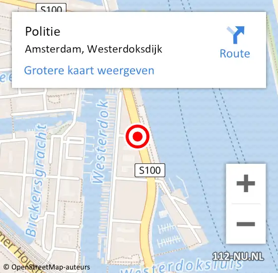 Locatie op kaart van de 112 melding: Politie Amsterdam, Westerdoksdijk op 15 april 2018 12:22