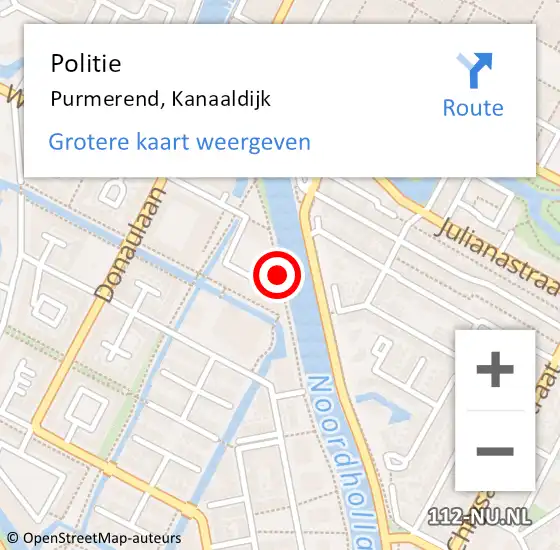 Locatie op kaart van de 112 melding: Politie Purmerend, Kanaaldijk op 16 april 2018 19:40