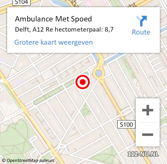 Locatie op kaart van de 112 melding: Ambulance Met Spoed Naar Delft, A12 Re hectometerpaal: 8,7 op 17 april 2018 16:46