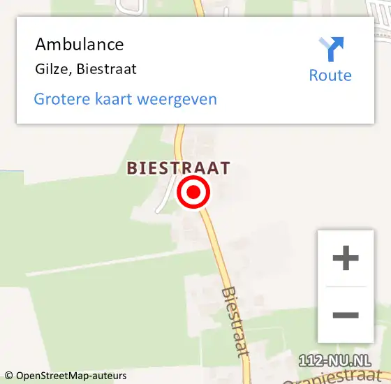 Locatie op kaart van de 112 melding: Ambulance Gilze, Biestraat op 17 april 2018 20:43