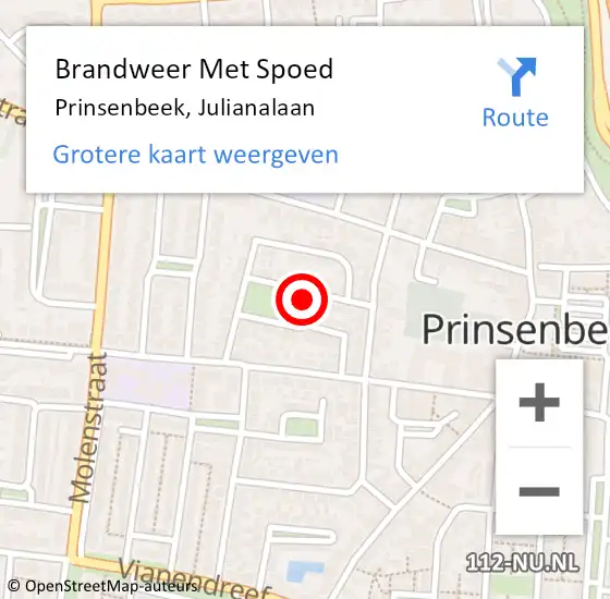 Locatie op kaart van de 112 melding: Brandweer Met Spoed Naar Prinsenbeek, Julianalaan op 18 april 2018 10:35