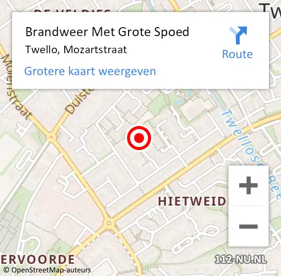 Locatie op kaart van de 112 melding: Brandweer Met Grote Spoed Naar Twello, Mozartstraat op 18 april 2018 11:02