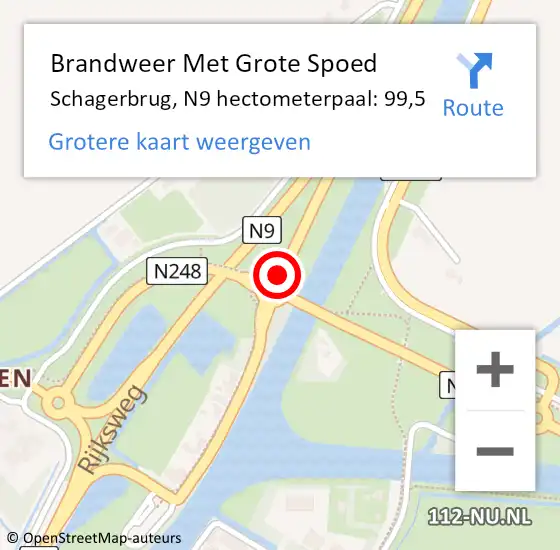 Locatie op kaart van de 112 melding: Brandweer Met Grote Spoed Naar Schagerbrug, N9 hectometerpaal: 99,5 op 18 april 2018 15:11