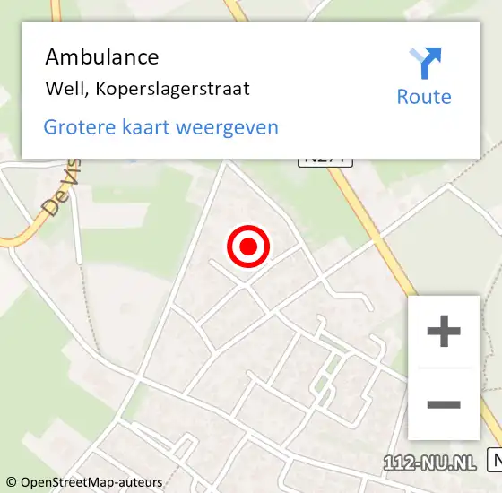 Locatie op kaart van de 112 melding: Ambulance Well, Koperslagerstraat op 19 april 2018 23:24