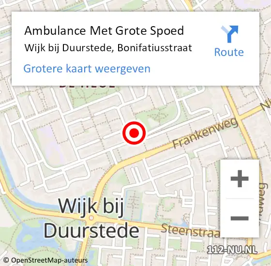 Locatie op kaart van de 112 melding: Ambulance Met Grote Spoed Naar Wijk bij Duurstede, Bonifatiusstraat op 20 april 2018 20:22