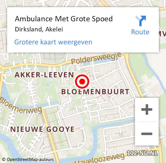 Locatie op kaart van de 112 melding: Ambulance Met Grote Spoed Naar Dirksland, Akelei op 22 april 2018 17:58