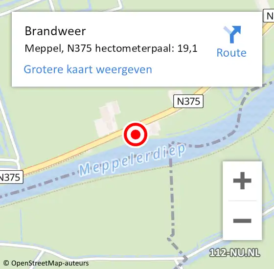 Locatie op kaart van de 112 melding: Brandweer Meppel, N375 hectometerpaal: 19,1 op 23 april 2018 15:14