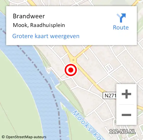 Locatie op kaart van de 112 melding: Brandweer Mook, Raadhuisplein op 23 april 2018 17:13