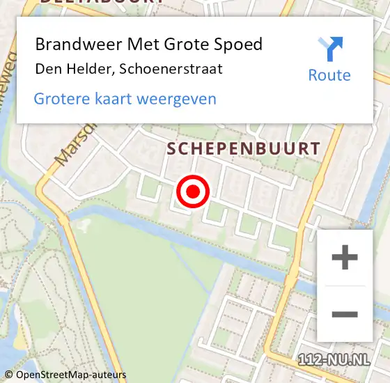 Locatie op kaart van de 112 melding: Brandweer Met Grote Spoed Naar Den Helder, Schoenerstraat op 24 april 2018 12:54