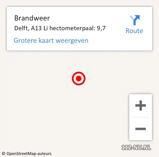 Locatie op kaart van de 112 melding: Brandweer Delft, A13 Li hectometerpaal: 9,0 op 24 april 2018 14:31