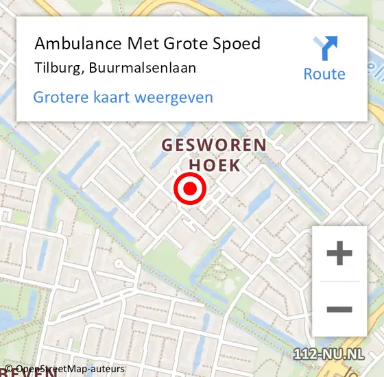 Locatie op kaart van de 112 melding: Ambulance Met Grote Spoed Naar Tilburg, Buurmalsenlaan op 24 april 2018 21:10