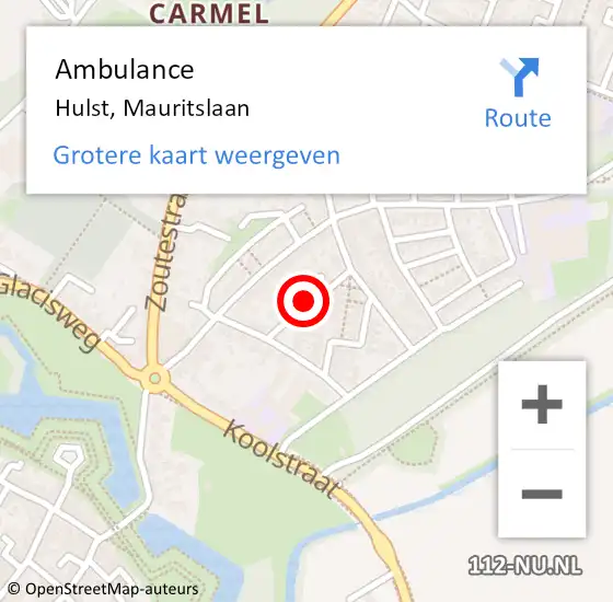 Locatie op kaart van de 112 melding: Ambulance Hulst, Mauritslaan op 25 april 2018 13:38