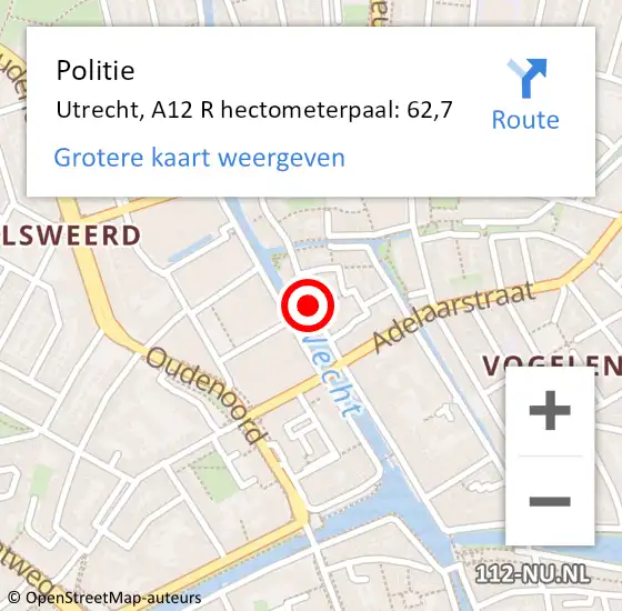 Locatie op kaart van de 112 melding: Politie Utrecht, A12 R hectometerpaal: 62,7 op 26 april 2018 04:03
