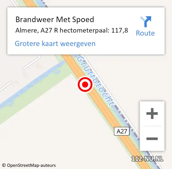 Locatie op kaart van de 112 melding: Brandweer Met Spoed Naar Almere, A27 R hectometerpaal: 117,8 op 26 april 2018 17:10