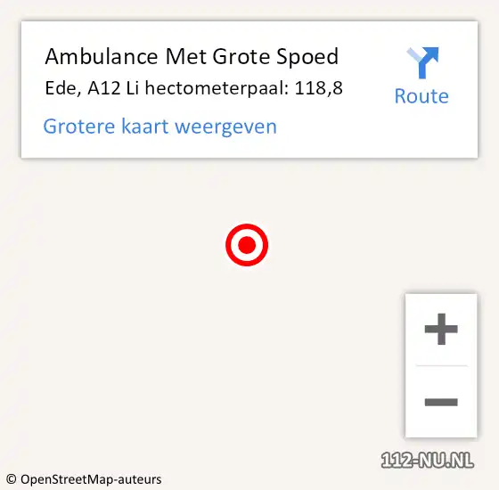 Locatie op kaart van de 112 melding: Ambulance Met Grote Spoed Naar Ede, A12 Li hectometerpaal: 118,8 op 26 april 2018 20:51