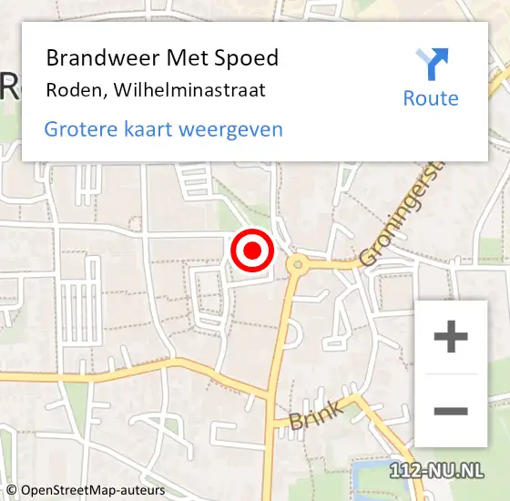 Locatie op kaart van de 112 melding: Brandweer Met Spoed Naar Roden, Wilhelminastraat op 27 april 2018 11:23