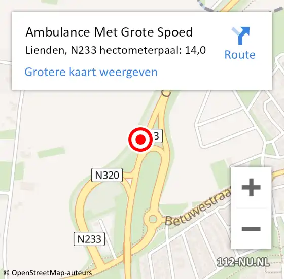 Locatie op kaart van de 112 melding: Ambulance Met Grote Spoed Naar Lienden, N233 hectometerpaal: 14,0 op 29 april 2018 14:43