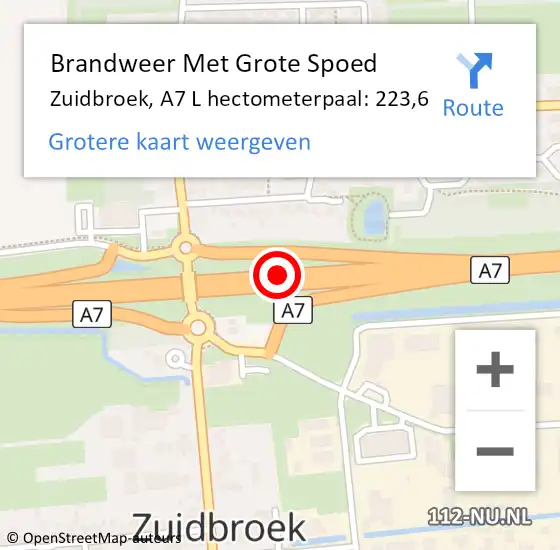 Locatie op kaart van de 112 melding: Brandweer Met Grote Spoed Naar Zuidbroek, A7 L hectometerpaal: 223,6 op 29 april 2018 19:06