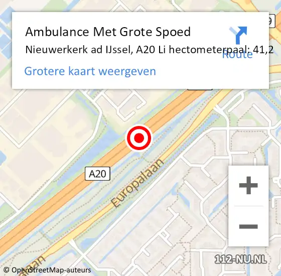 Locatie op kaart van de 112 melding: Ambulance Met Grote Spoed Naar Nieuwerkerk ad IJssel, A20 Li hectometerpaal: 41,2 op 30 april 2018 04:03