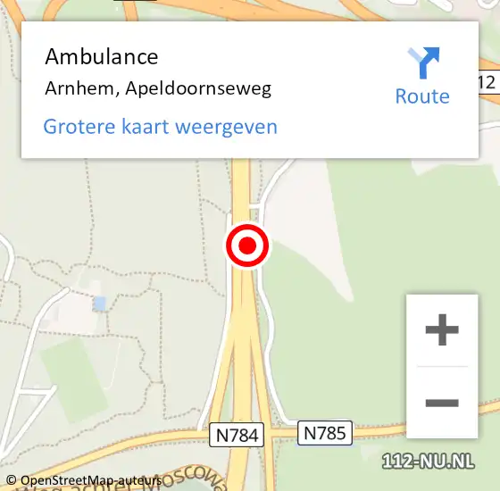 Locatie op kaart van de 112 melding: Ambulance Arnhem, Apeldoornseweg op 1 mei 2018 10:01