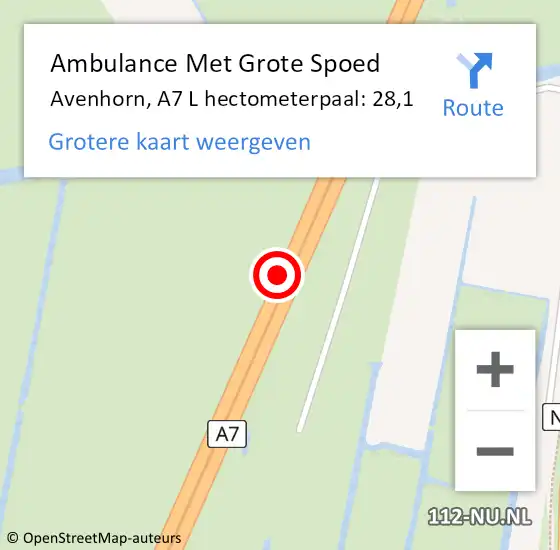 Locatie op kaart van de 112 melding: Ambulance Met Grote Spoed Naar Avenhorn, A7 L hectometerpaal: 28,1 op 3 mei 2018 08:27