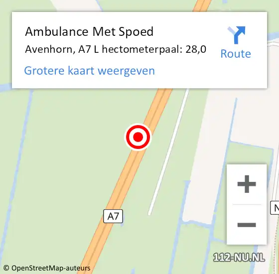 Locatie op kaart van de 112 melding: Ambulance Met Spoed Naar Avenhorn, A7 L hectometerpaal: 28,1 op 3 mei 2018 08:28