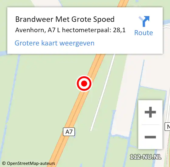 Locatie op kaart van de 112 melding: Brandweer Met Grote Spoed Naar Avenhorn, A7 L hectometerpaal: 28,1 op 3 mei 2018 08:29