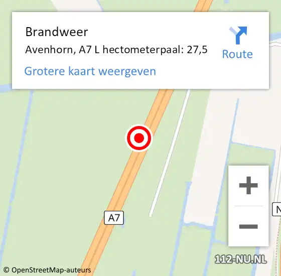 Locatie op kaart van de 112 melding: Brandweer Avenhorn, A7 L hectometerpaal: 27,5 op 3 mei 2018 08:34