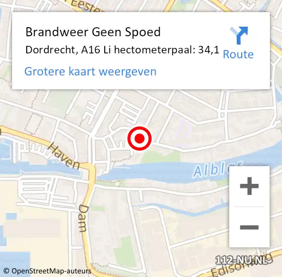 Locatie op kaart van de 112 melding: Brandweer Geen Spoed Naar Dordrecht, A16 Li hectometerpaal: 34,1 op 4 mei 2018 07:00