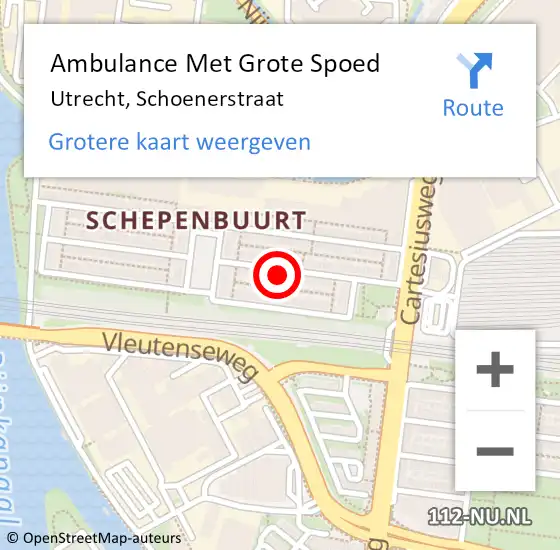 Locatie op kaart van de 112 melding: Ambulance Met Grote Spoed Naar Utrecht, Schoenerstraat op 5 mei 2018 04:13