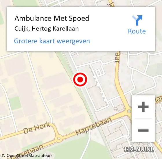 Locatie op kaart van de 112 melding: Ambulance Met Spoed Naar Cuijk, Hertog Karellaan op 5 mei 2018 09:33