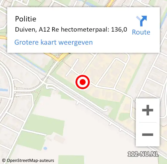 Locatie op kaart van de 112 melding: Politie Duiven, A12 Re op 5 mei 2018 22:16