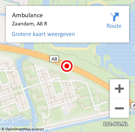 Locatie op kaart van de 112 melding: Ambulance Zaandam, A8 R op 6 mei 2018 12:45