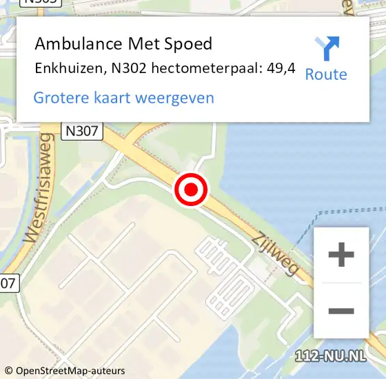 Locatie op kaart van de 112 melding: Ambulance Met Spoed Naar Enkhuizen, N302 hectometerpaal: 49,4 op 6 mei 2018 14:20